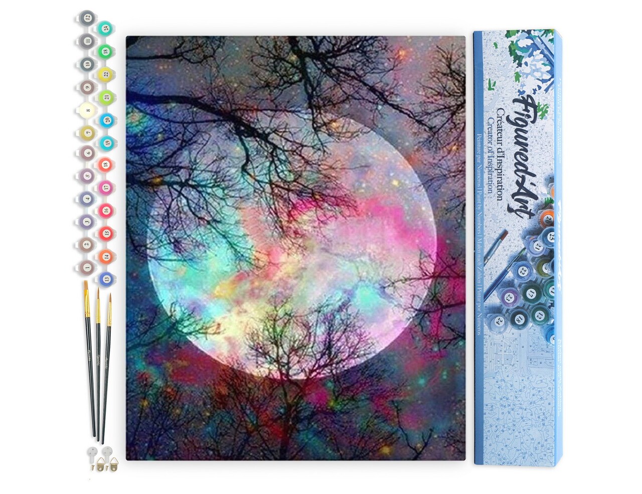 Figured'Art Paint by Numbers Kit for Adults Full Moon with Colourful reflections 16"x20" - Craft Art Painting DIY Kit Rolled Canvas without frame